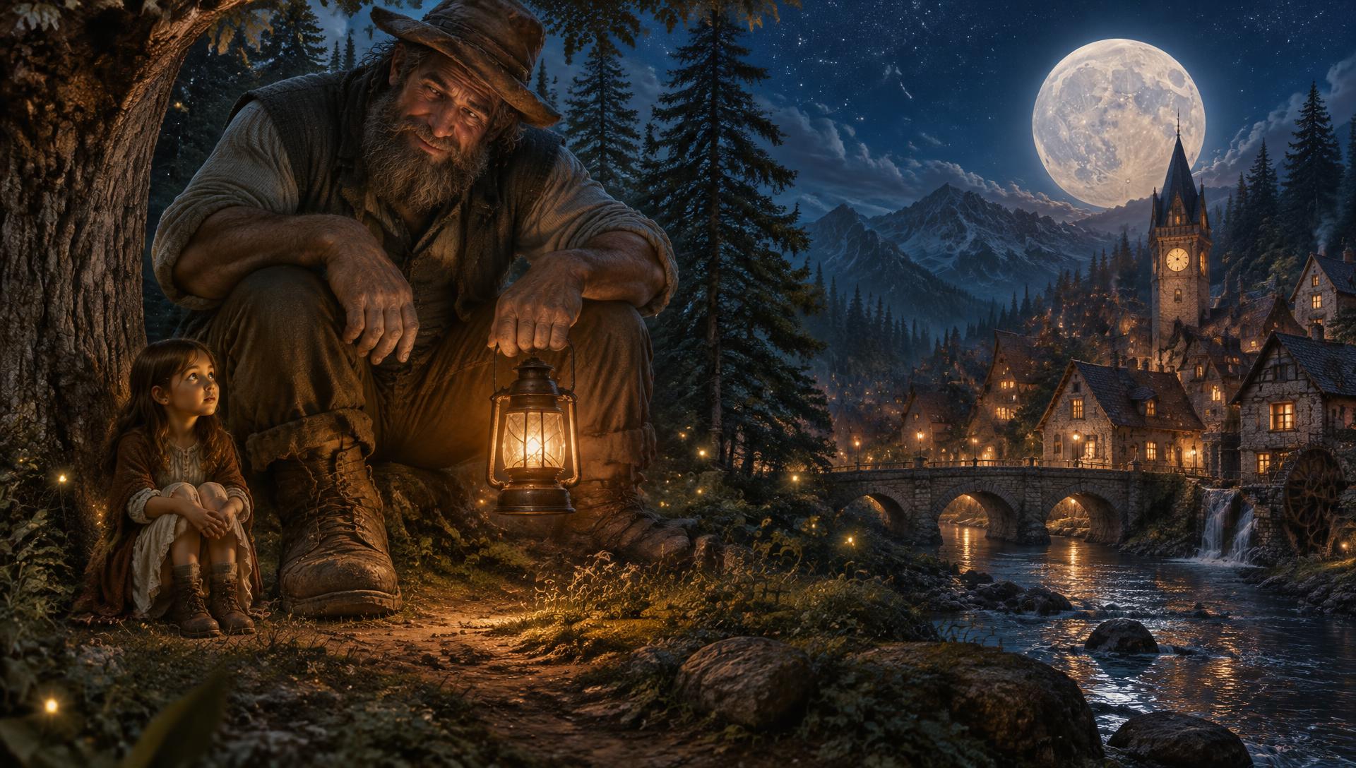 Tiptoe Tom, a gentle bearded giant with a lantern, crouches at the forest edge as a young girl watches him; a glowing town lies beyond.